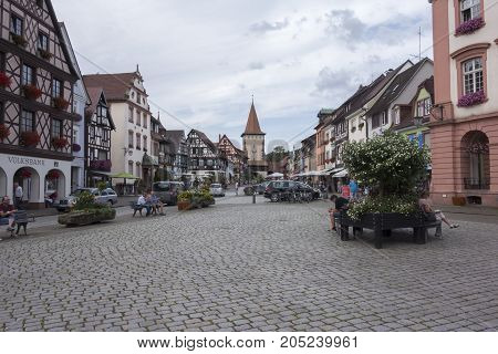 GENGENBACH BADEN-WURTTEMBERG/ GERMANY - AUGUST 16 2017: Medieval town centre with characteristic half-timbered houses