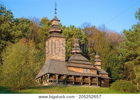 Old wooden church in Pirogovo Ukraine architecture