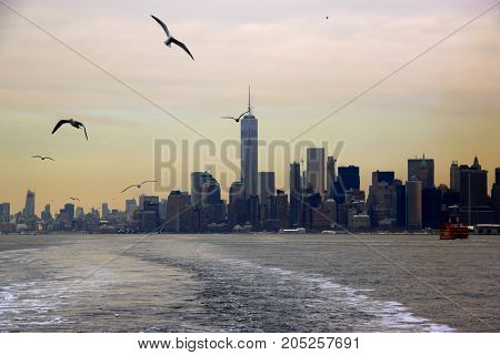 Panorama of Manhattan from the ferry. Winter morning