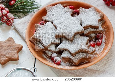 Traditional Christmas gingerbread cookies stars in powdered sugar on the plate. Berries of red Rowan branch spruce
