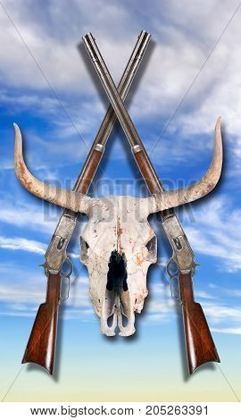 Antique cowboy lever action rifle and cow skulls .