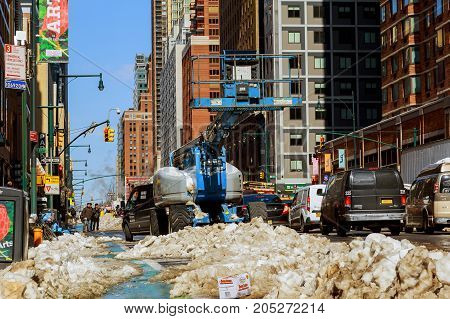 New York City - February 27, 2017: Snowy Road With Traffic