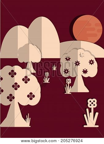 papercut theme with trees and hills and moon