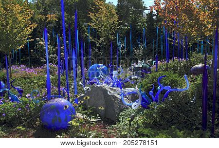 Seattle, Washington - September 5, 2015:  Blown glass in abstract shapes in Chihuly Garden and Glass Museum in Seattle, Washington