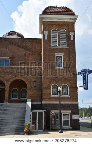 BIRMINGHAM, AL - JUL 23: 16th St Baptist Church in Birmingham, Alabama, as seen on July 23, 2017. Now a National Historic Landmark, the church is known for the tragic racially motivated bombing in 1963.