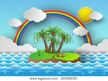 vector illustration tropical palm on island with sea and rainbow.paper cut style.