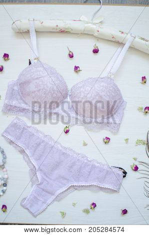 Fashion lace women lingerie. Retro style underwear. Lilac colored bra and panties