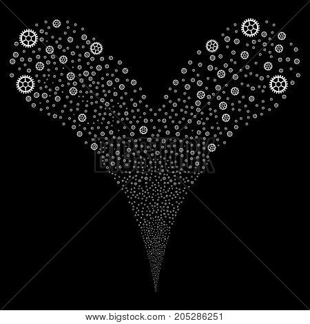 Clock Wheel explosive stream. Vector illustration style is flat white iconic clock wheel symbols on a black background. Object fountain constructed from random symbols.