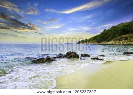 Beautiful sunrise on the beach at Chonburi Thailand