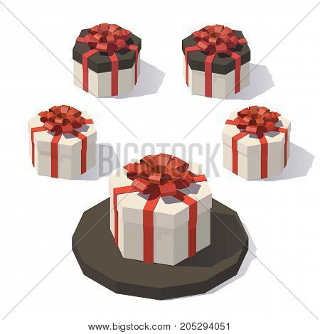 Vector isometric low poly white gift box with red bow.