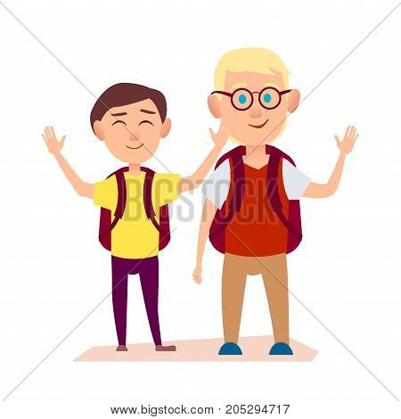 Joyful friends with ruddy packsack waving their hands on white background. Free time for two boys after school vector illustration.