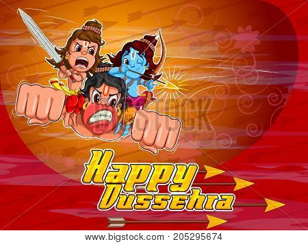 Lord Rama and Laxmana flying on Hanuman in Happy Dussehra Navratri celebration India holiday background. Vector illustration