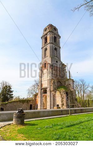old tower at Pairi Daiza, Belgium against blue sky