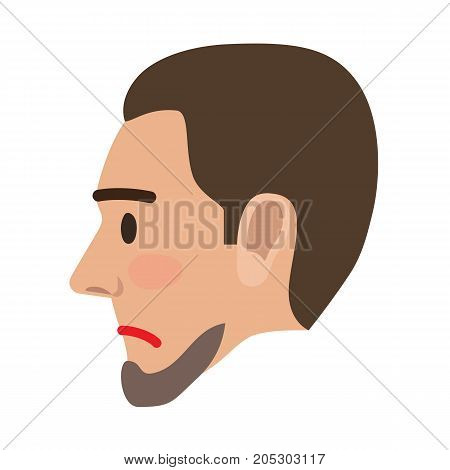Sad brown-haired man face icon. Male character head in profile with compressed lips flat vector isolated on white background. Human negative emotions illustration for people infographics