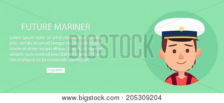 Future mariner portrait of young happy boy in peakless cap with burgundy briefcase on shoulders isolated on green vector illustration