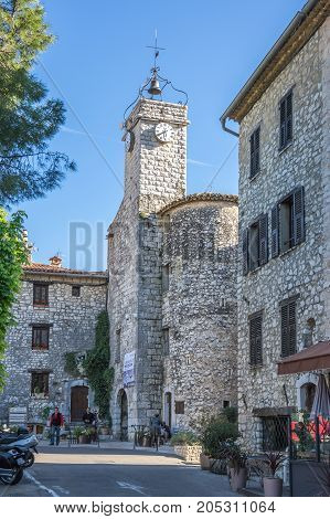 TOURRETTES-SUR-LOUP FRANCE - APRIL 25 2016: Street of Tourrettes-sur-Loup a medieval village in the Alpes-Maritimes department in southeastern France