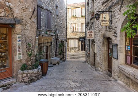 TOURRETTES-SUR-LOUP FRANCE - APRIL 25 2016: Street of Tourrettes-sur-Loup a medieval village in the Alpes-Maritimes department in southeastern France