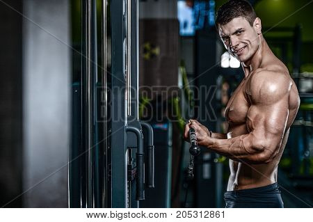 Handsome Model Young Man Training Arms In Gym