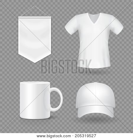Blank mock-up promotional gifts. Realistic 3d cap, mug, t-shirt and flag.