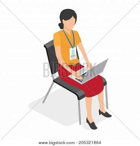 Female with badge sitting on black chair and working on laptop isolated on white. Woman dressed in yellow shirt, red midi skirt and black shoes. Web banner of business training vector illustration