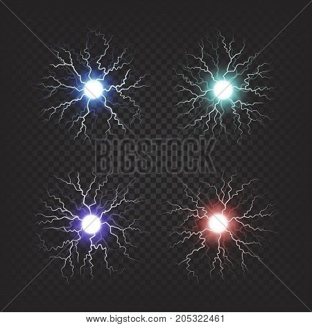 Red, blue, purple and green fireballs isolated vector illustrations on transparent background. Globular clusters of electricity.