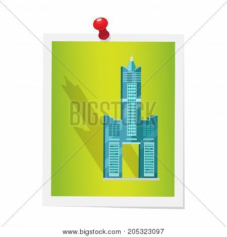 Tuntex Sky Tower on isolated picture attached by red drawing pin on white. Vector colorful illustration in flat design of Taiwanese high world architectural attraction consisting of three buildings