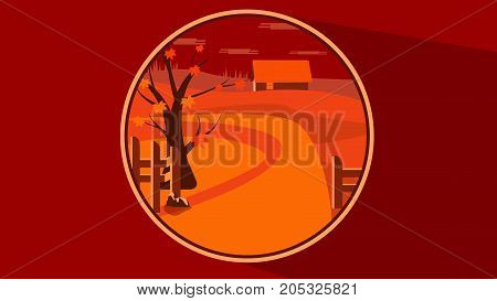 Flat autumn scene in a button in red