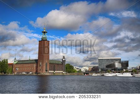 Scenic view of the City Hall from Riddarholmskyrkan Stockholm Sweden