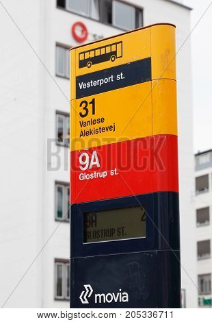 Copenhagen Denmark - August 24 2017: Bus stop sign at the stop Vesterport raillroad station for busses served by line 31 and 9A in service for Movia.