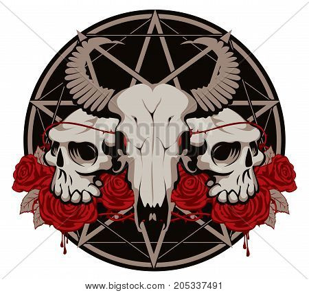 Vector illustration with skulls of a horned animal and human red roses and drips of blood on the background of the Satan star