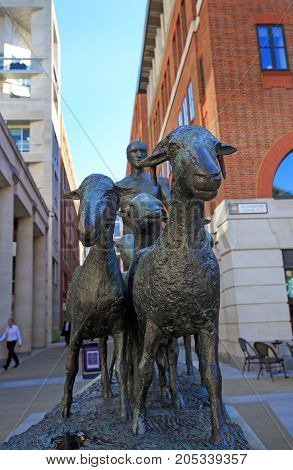 shepherd and sheep statue is located in Paternoster Square near to St Pauls in London. The statue reflects the former use of Paternoster Row as the site of Newgate Market for the sale of livestock and meat. lLondon England 2017