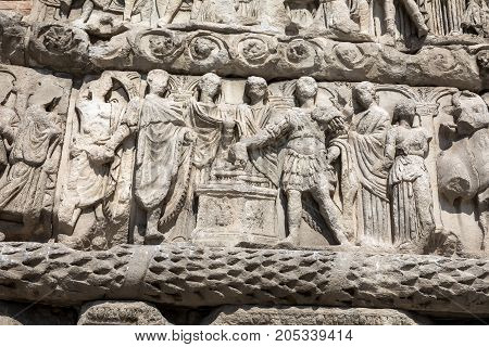 Details Of Arch Of Galerius In Thessaloniki, Greece Depicting Philosophers Of Antique Greece