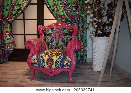 bright chair, furniture in an interior, pink and velvet chair, pink home, fashionable chair, interior room, interior home, luxury home