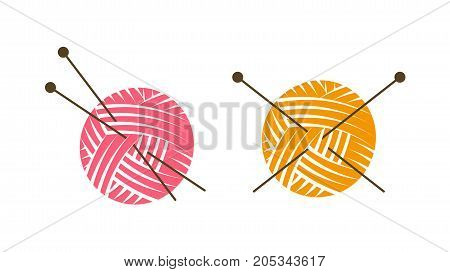Knit logo or label. Ball of yarn with knitting needles. Vector illustration isolated on white background
