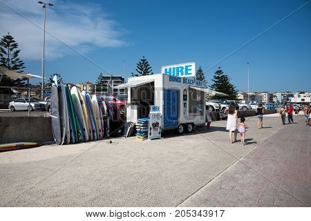 SYDNEY,NSW,AUSTRALIA-NOVEMBER 21,2016: Tourists on the Bondi Beach foreshore with surfboard hire vendor on a sunny day in Sydney, Australia.