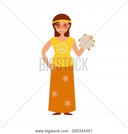 Musical style. Vector. Cartoon. Isolated art on white background. Flat. Hippie with tambourine