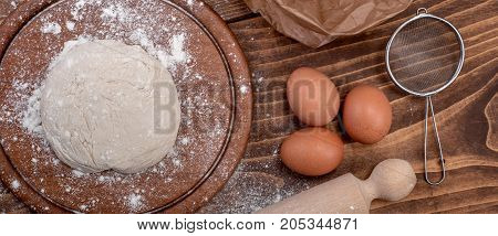 Food Ingredients For Dough A Wooden Kitchen Board. Cake Recipies