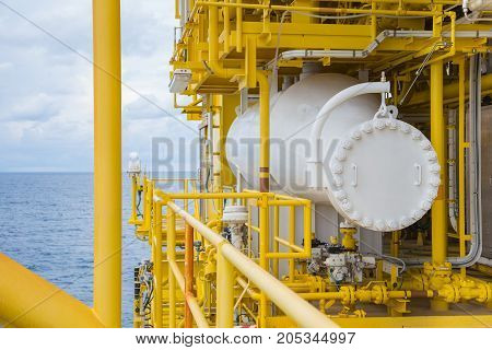 Test separator at oil and gas wellhead remote platform for collect value of gas condensate and water of each well to know the potential of the produce well.