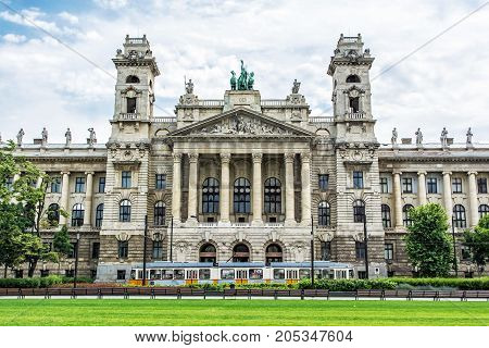 Ethnographic museum building and old tramway Budapest Hungary. Cultural heritage. Travel destination. Tourism theme. Architectural theme. Kossuth square.