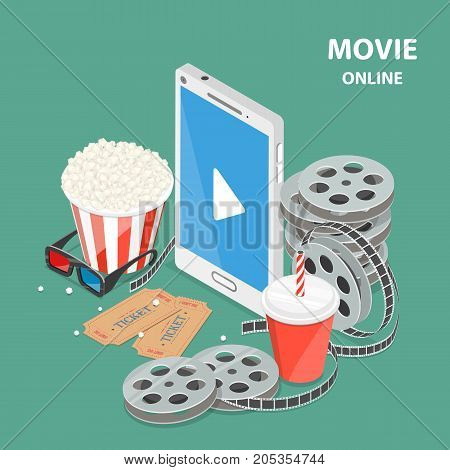 Online movie flat isometric low poly vector concept. Composition with a smartphone surrounded by reels, popcorn, glasses, soda, tickets. Streaming, live cinema and TV.