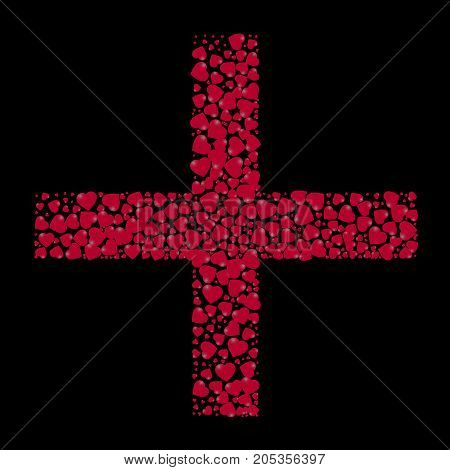 The shape of the cross is filled with small hearts on a black background. Vector illustration.