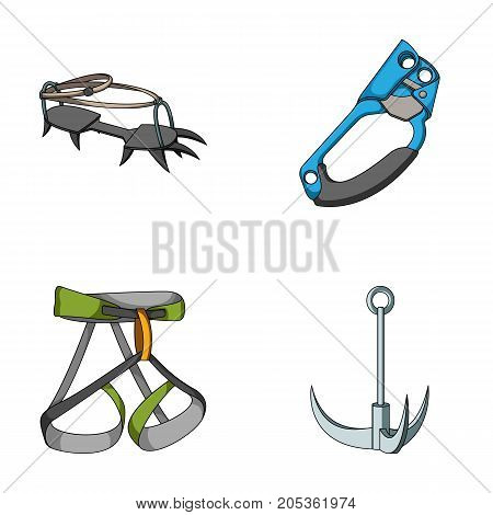 Hook, mountaineer harness, insurance and other equipment.Mountaineering set collection icons in cartoon style vector symbol stock illustration .
