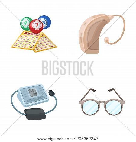 Lottery, hearing aid, tonometer, glasses.Old age set collection icons in cartoon style vector symbol stock illustration .