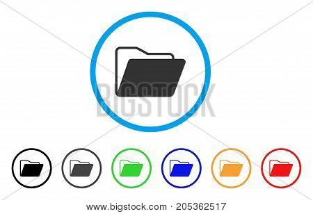 Open Folder rounded icon. Style is a flat open folder gray symbol inside light blue circle with black, gray, green, blue, red, orange color versions. Vector designed for web and software interfaces.