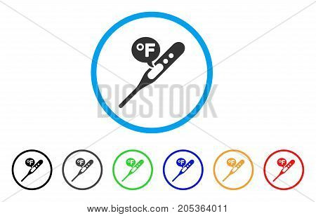 Temperature Fahrenheit rounded icon. Style is a flat temperature fahrenheit gray symbol inside light blue circle with black, gray, green, blue, red, orange color versions.