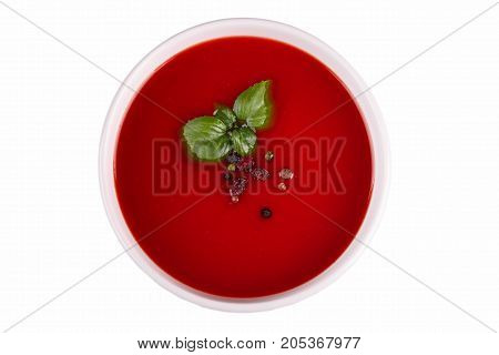 Vegetable borscht. Traditional Ukrainian and Russian soup, isolated on a white background. Top view. Close-up. Copy space