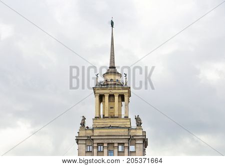 High-rise building in the neoclassical style on Moskovsky Avenue in Saint Petersburg at cloud day Russia.