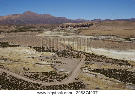 Quebrada Chuba, a wide river valley high on the Altiplano of northern Chile in Lauca National Park.
