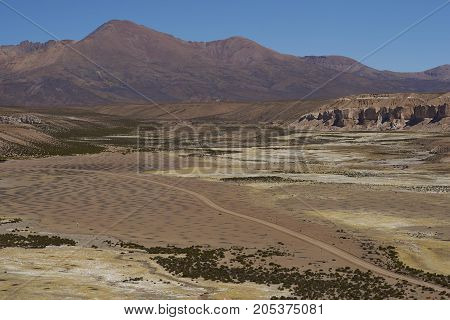 Quebrada Chuba, a wide river valley high on the Altiplano of northern Chile in Lauca National Park.