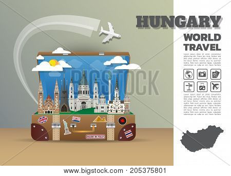 Hungary Landmark Global Travel And Journey Infographic Luggage.3D Design Vector Template.vector/illu